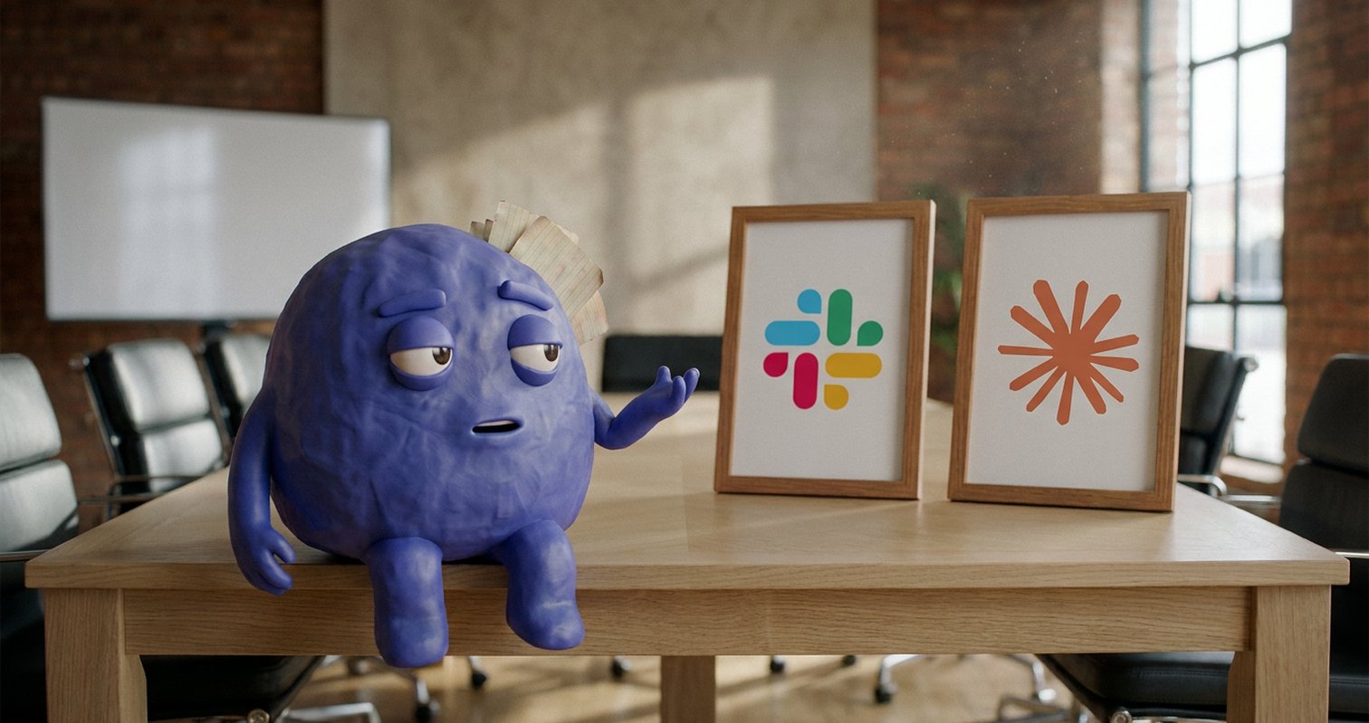 Gus, a blue clay figure with index cards in his shoulder, sits on a conference table raising one palm beside two framed signs, the Slack logo and the Claude logo.