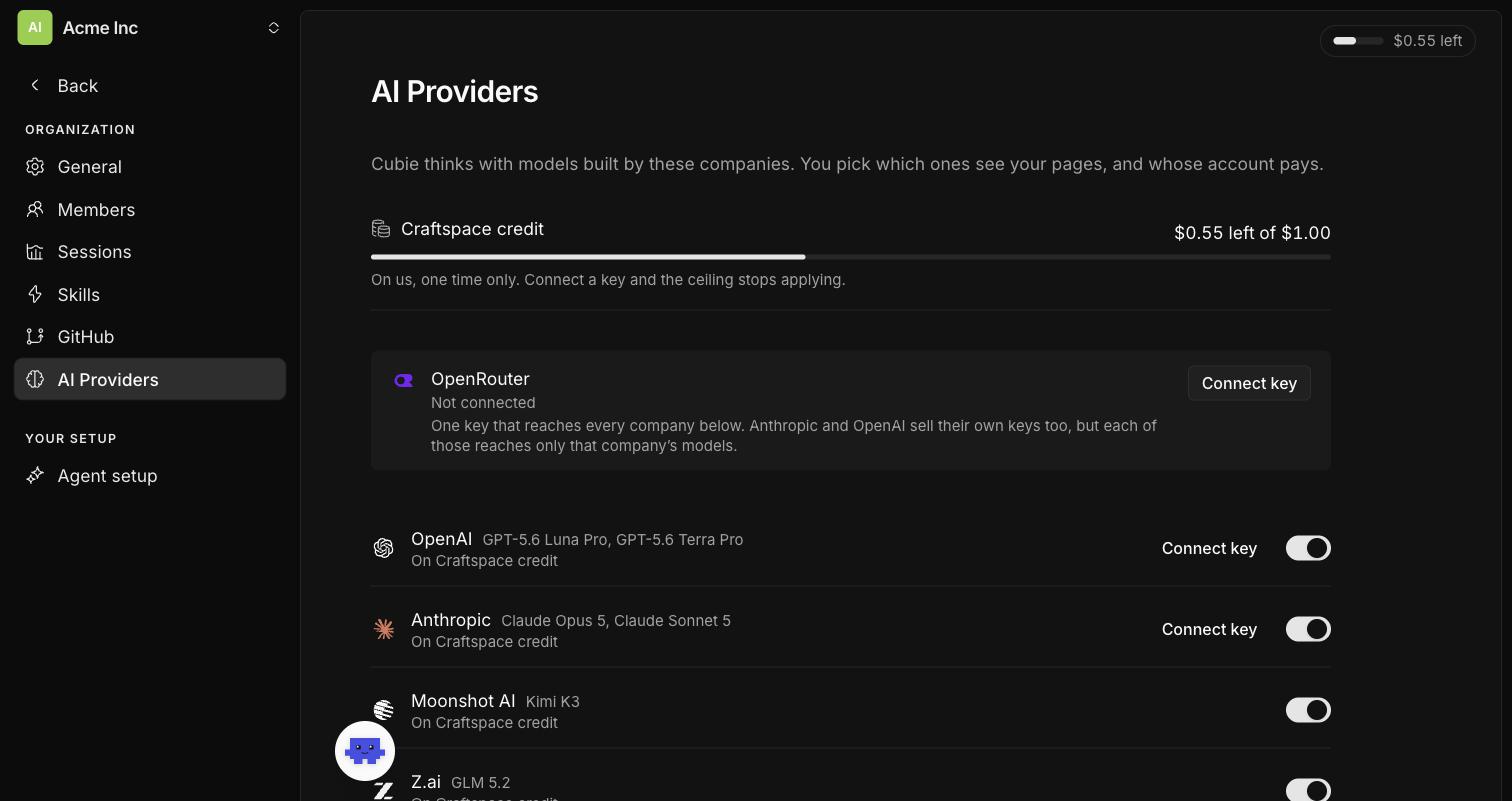 The AI Providers settings page: the Craftspace credit line, an OpenRouter strip explaining that one key reaches every company below, then OpenAI, Anthropic, Moonshot AI and Z.ai rows, each with its models, the line "On Craftspace credit", a switch, and a Connect key action on the OpenAI and Anthropic rows.
