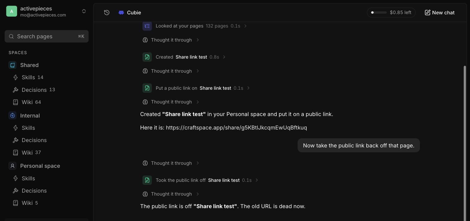 The Gus chat in Craftspace. Steps reading “Created Share link test” and “Put a public link on Share link test”, then the reply with the link, then a follow-up asking to take the link back off and a step reading “Took the public link off Share link test”.