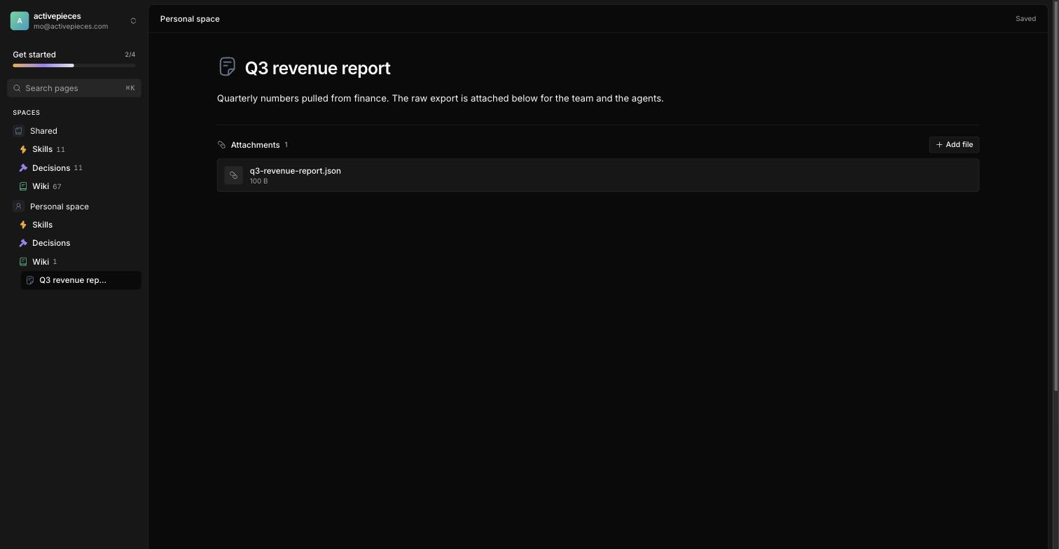 A page with an Attachments section below the body, showing an uploaded JSON report with its file name and size, an Add file button, and download and delete actions.