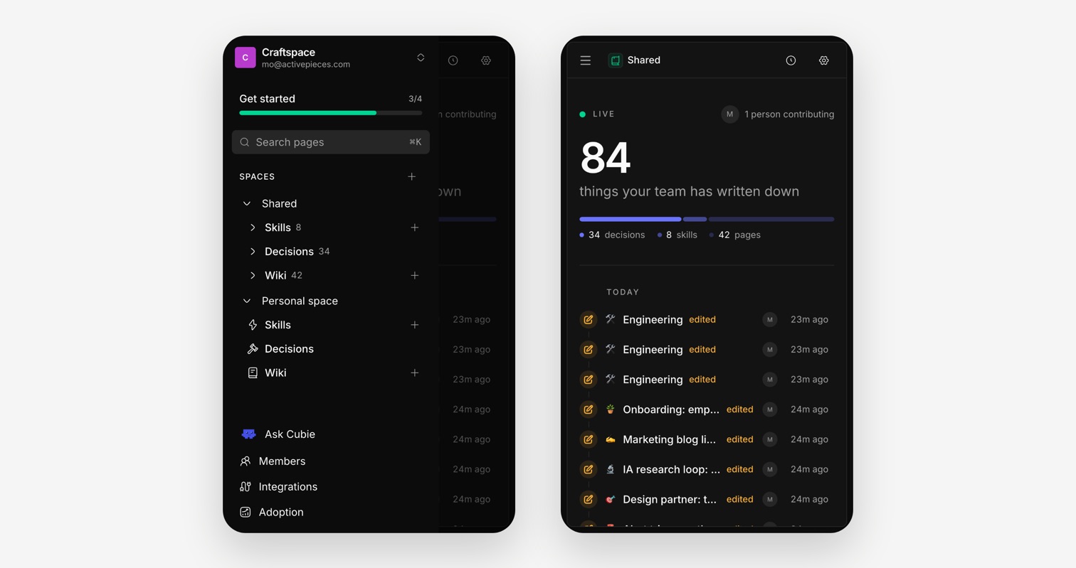 Two phone screens side by side. On the left, the Craftspace menu slid open over the page, listing Shared and Personal space with their skills, decisions and wiki. On the right, a space overview reading “84 things your team has written down” above a list of today’s edits.