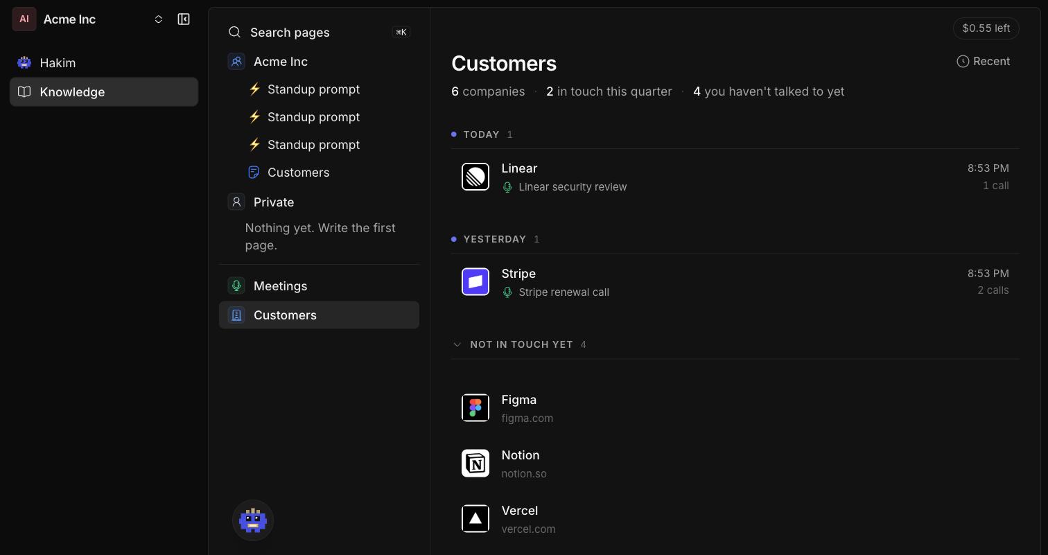 The Customers screen in Craftspace, listing 6 companies grouped by when they were last in touch: Linear today, Stripe yesterday, and four companies folded under Not in touch yet.