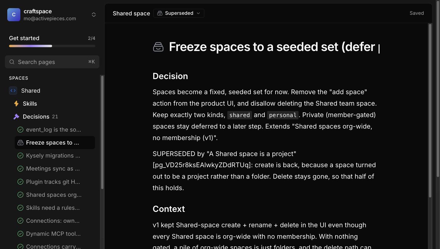 A decision page titled “Freeze spaces to a seeded set” with a Superseded status mark next to its title, matching the same mark on its row in the sidebar decisions list.