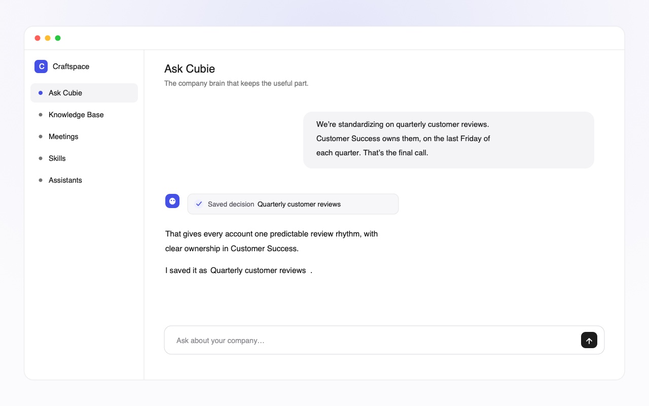 A Gus conversation where a teammate settles on a quarterly customer review cadence, followed by a saved Decision step and a short answer confirming the decision was preserved.