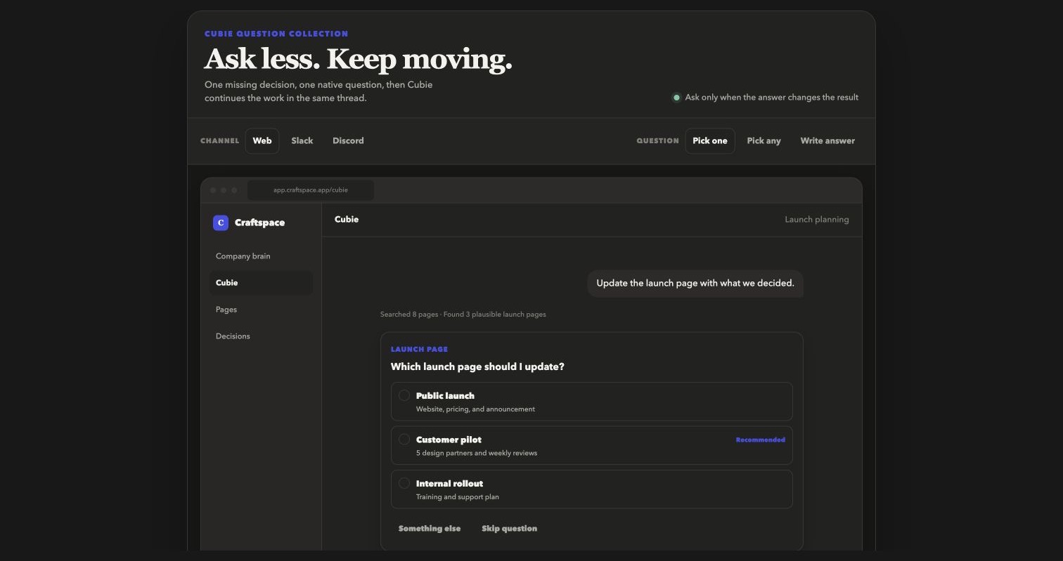 A Gus chat asking which launch page to update, with Public launch, Customer pilot, and Internal rollout as choices.