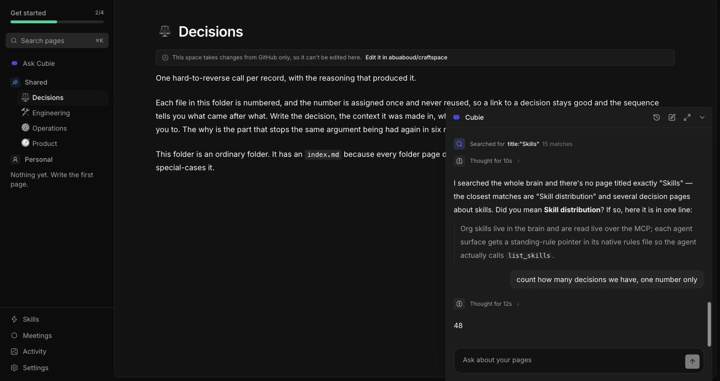 A Craftspace page called Decisions with the Gus chat docked in the bottom right corner of the window. The chat shows a question reading “count how many decisions we have, one number only” and the answer, 48.