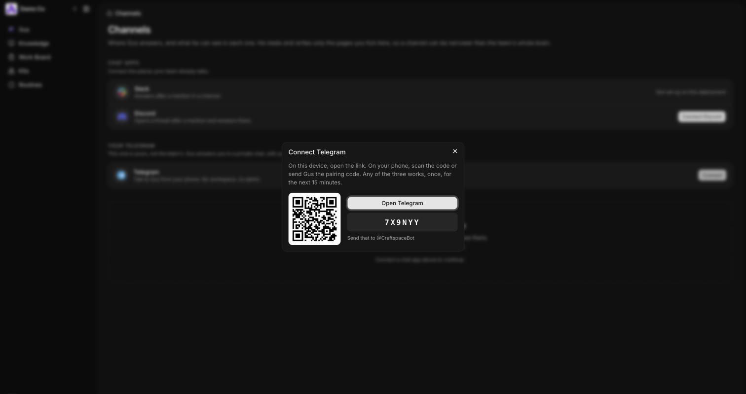 The Channels page in Craftspace with a Connect Telegram dialog open, showing a QR code beside a six character pairing code and a button to open Telegram.