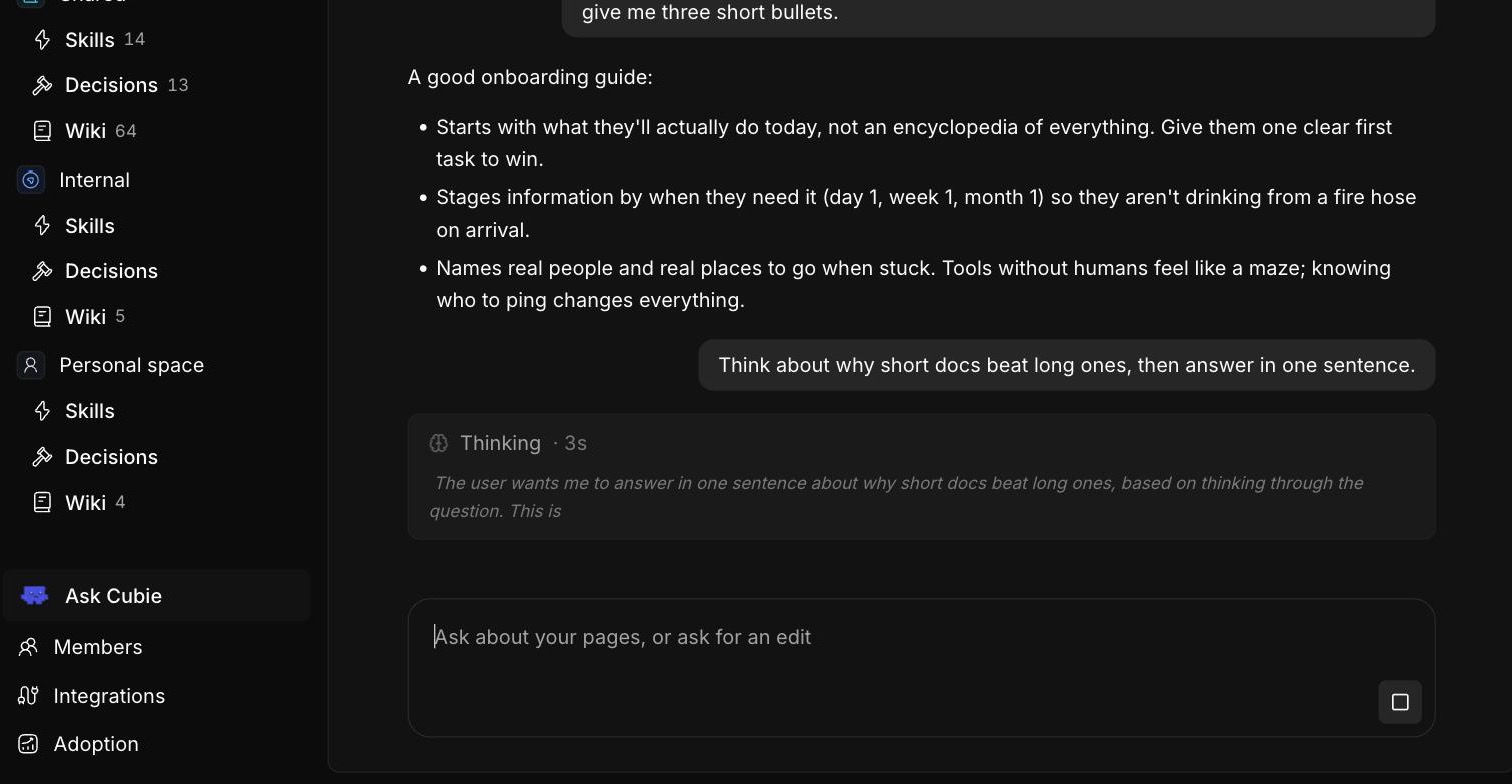 The Gus chat in Craftspace. Above, a finished answer listing three bullets about what makes a good onboarding guide. Below it, a rounded box labelled “Thinking · 3s” showing the words Gus is reasoning through as he works on the next question.