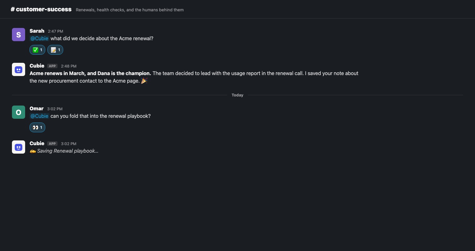 A Slack channel where a question to Gus carries check mark and memo reactions above its answer, and a second question shows an eyes reaction while Gus posts a live saving progress line.