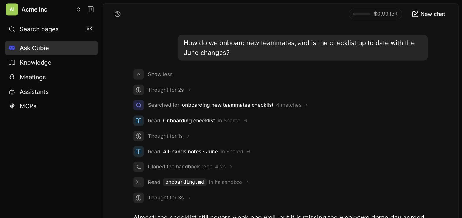 A Gus chat with the work list expanded: readable steps like Searched for onboarding checklist, Read Onboarding checklist, and Cloned the handbook repo, above the start of the answer.