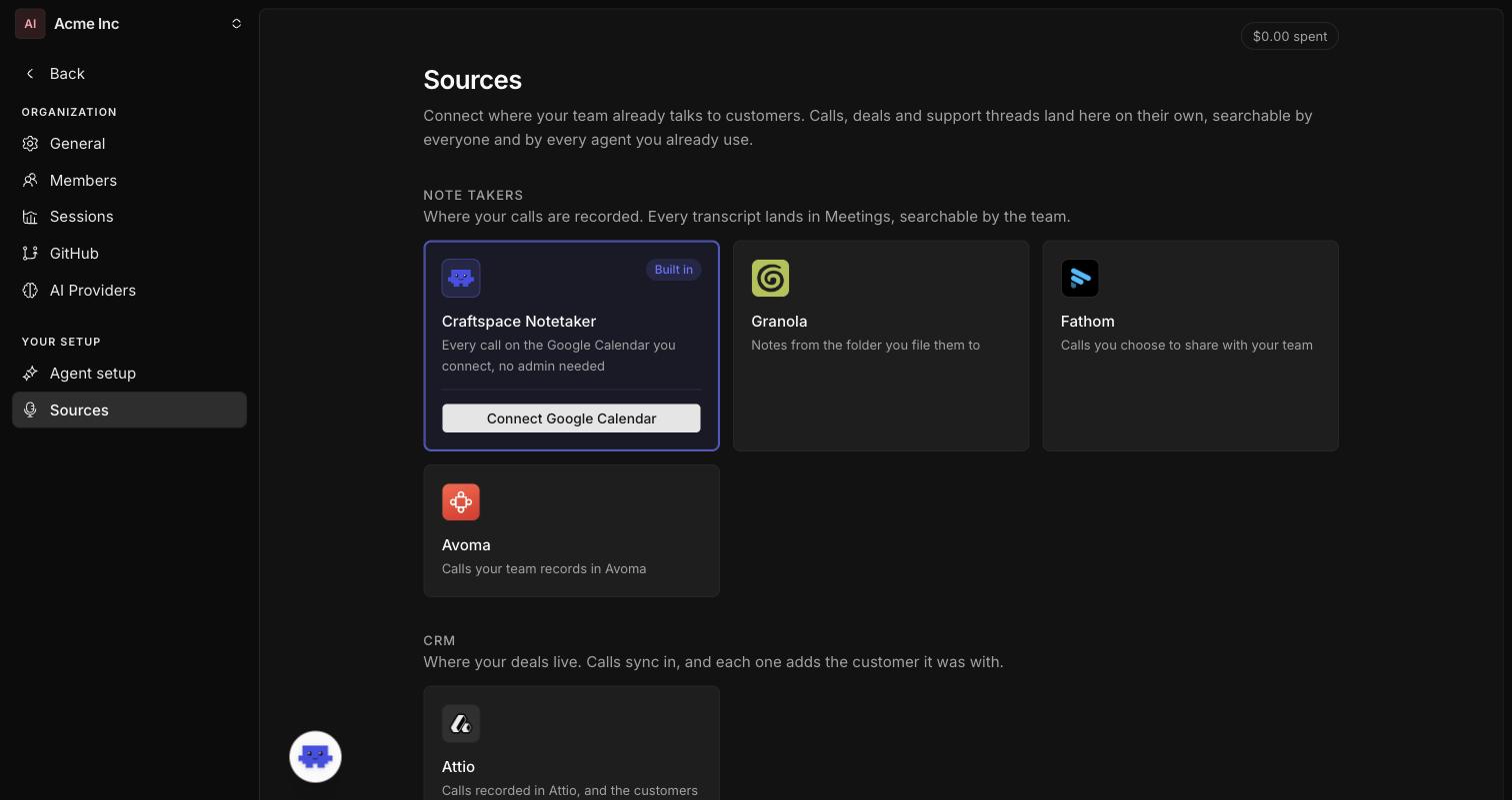 The Sources settings screen in Craftspace, with sections for Note takers, CRM and Customer support, holding the built-in notetaker, Granola, Fathom, Avoma, Attio and Pylon.