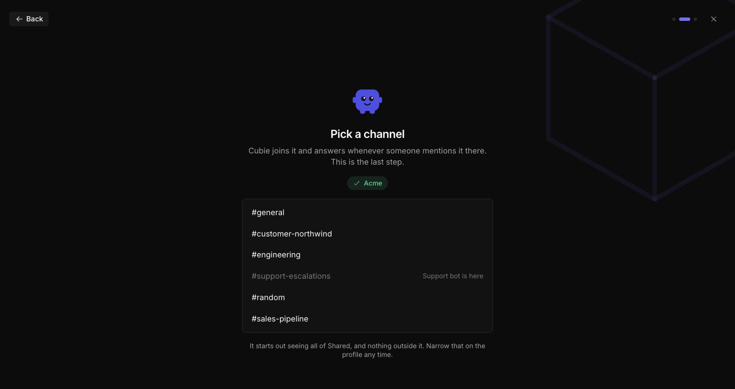 The Craftspace setup page asking you to pick a channel, with a connected Slack workspace badge and a list of channels to choose from. One channel is greyed out because another profile already answers there.