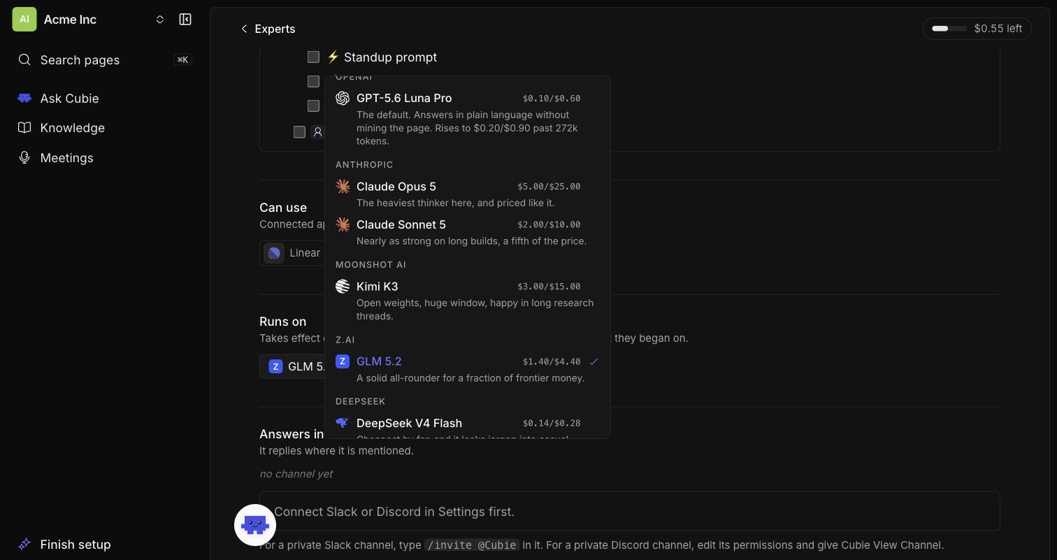 An expert page for Gus with the model menu open, listing models grouped by provider: GPT-5.6 Luna Pro under OpenAI, Claude Opus 5 and Claude Sonnet 5 under Anthropic, Kimi K3 under Moonshot AI, GLM 5.2 under Z.ai and DeepSeek V4 Flash under DeepSeek, each with its price per million tokens.