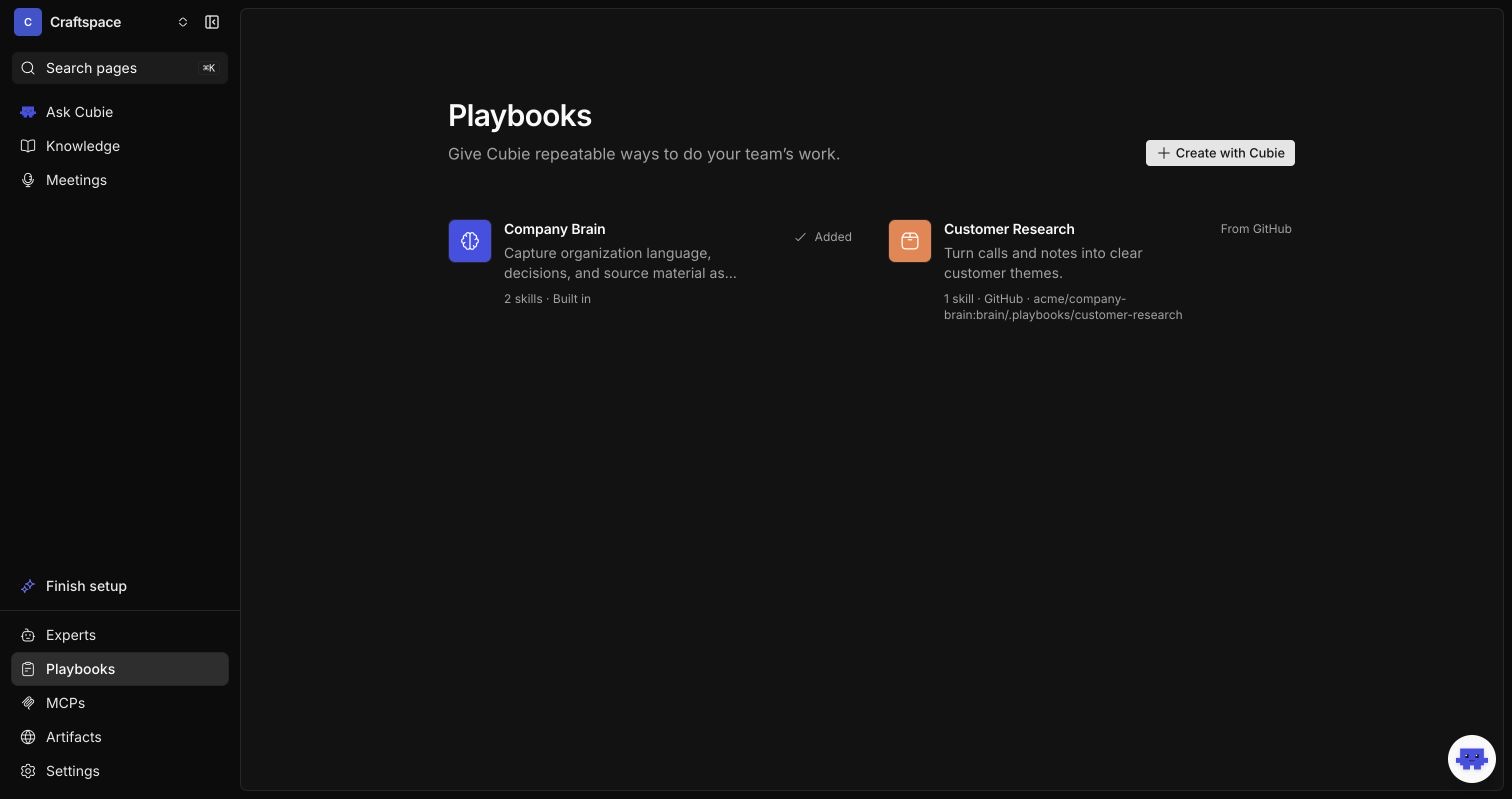 The Playbooks page showing the built-in Company Brain and a Customer Research playbook managed from a GitHub repository.