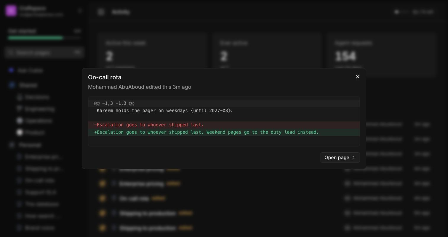 The Activity screen in Craftspace with a change opened, showing the diff of a page edit: one line removed in red and the replacement line added in green, with an Open page button beneath it.
