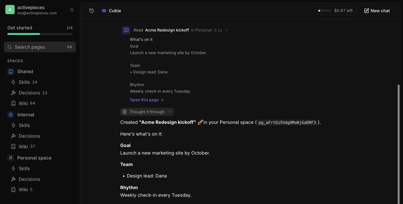 The Gus chat in Craftspace. A step reading “Read Acme Redesign kickoff in Personal 0.1s” is opened to a panel headed “What’s on it”, showing the page’s goal, team and rhythm, with an “Open this page” link underneath.