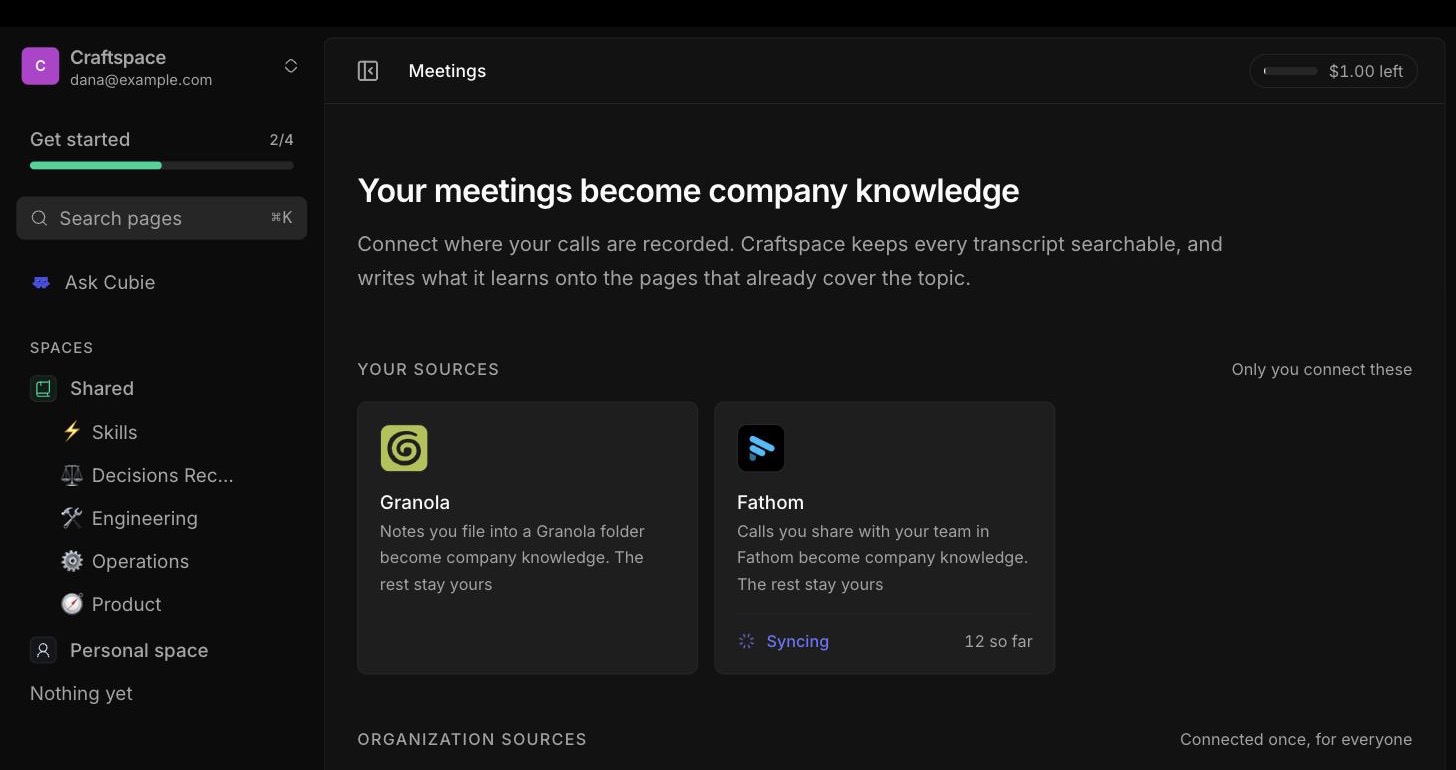 The Meetings page in Craftspace. The Fathom source card shows a spinner with the word Syncing and a count reading “12 so far”, next to a Granola card that has not been connected.