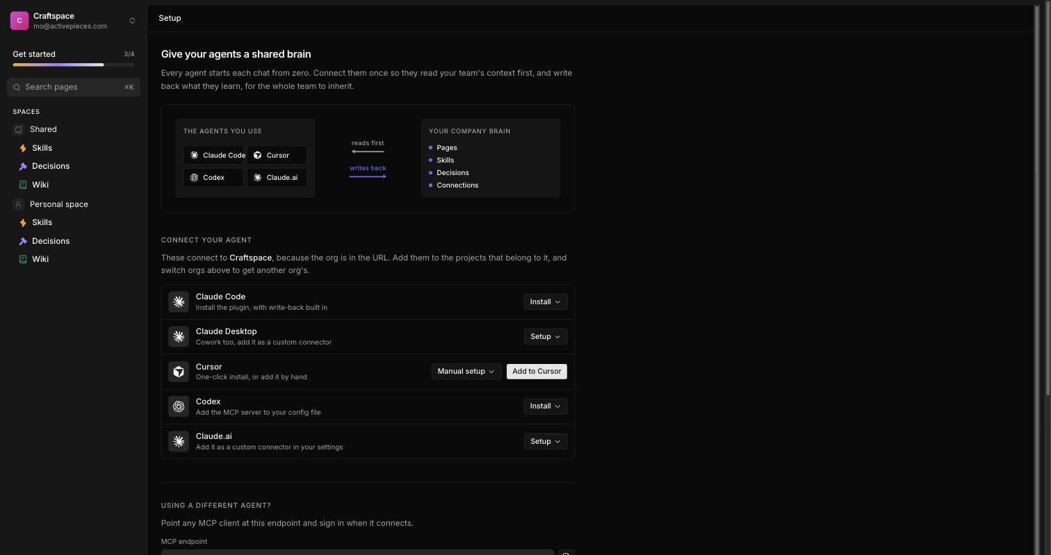 The Setup screen with one-click connect rows for Claude Code, Cursor, and Codex, and the connection link for the current space.