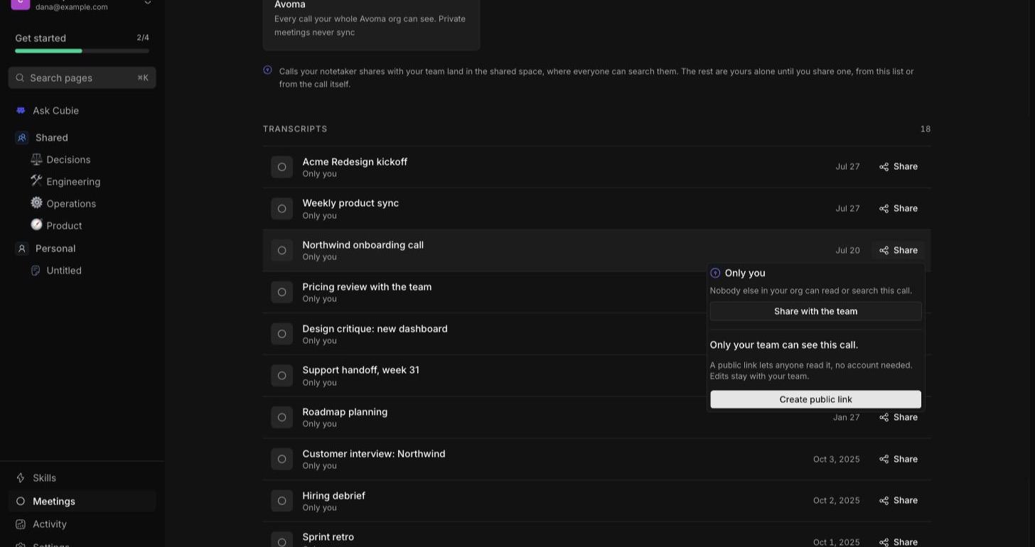 The Meetings list in Craftspace with a Share button on every row. The menu is open on one call, showing "Only you" with a "Share with the team" button above a "Create public link" button.