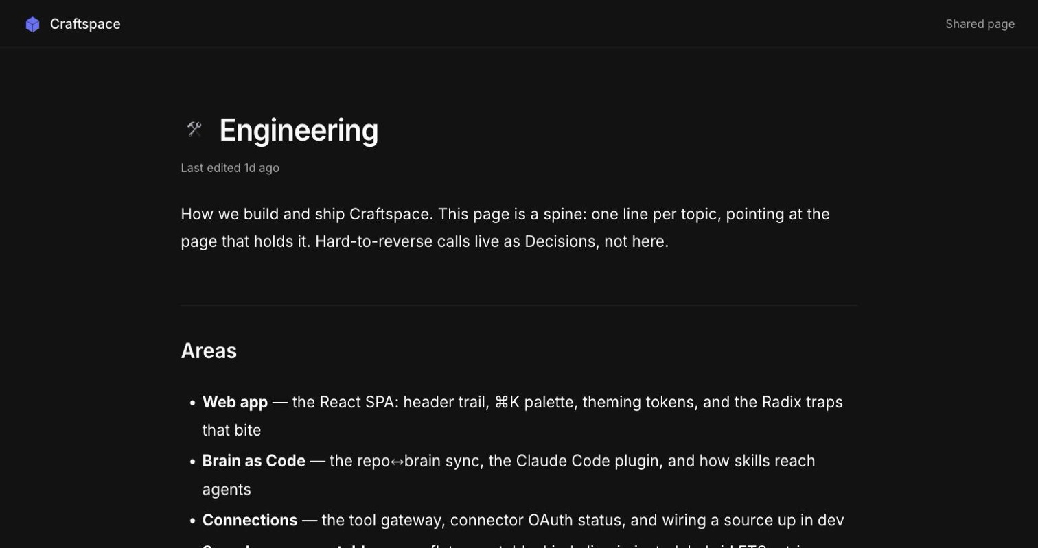 A Craftspace page opened from a public link. A slim bar across the top shows the Craftspace mark on the left and the words “Shared page” on the right, above a page titled Engineering with its text and an Areas list, and no sidebar or editing controls.
