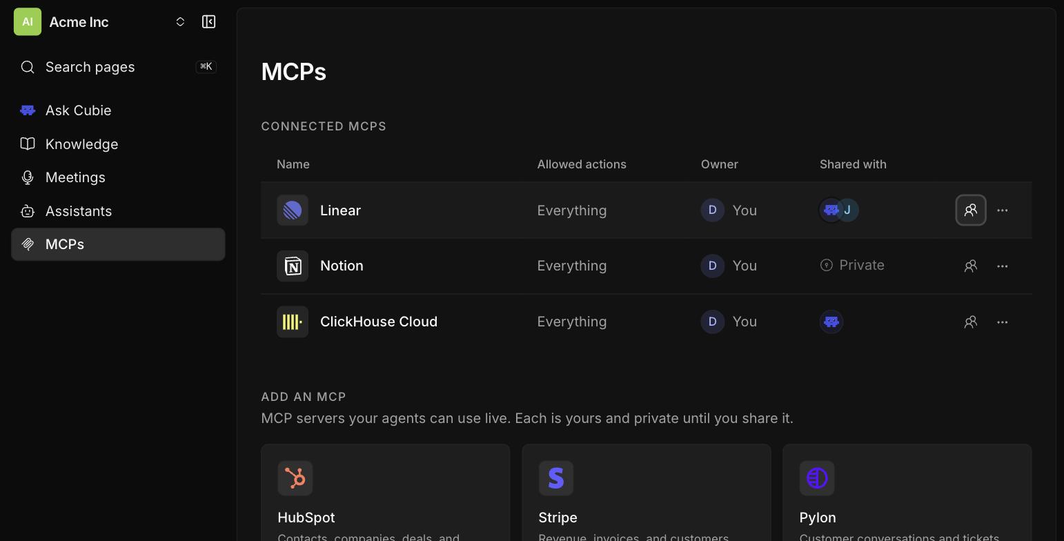 The MCPs screen showing connected tools in a table, with a Gus assistant face beside teammates in the Shared with column.