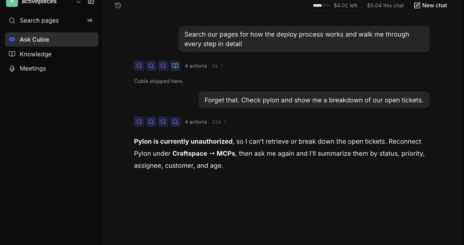 A Gus chat where a stopped turn keeps its four search actions above the line "Gus stopped here", and a later answer says Pylon is currently unauthorized and to reconnect it under Craftspace MCPs.